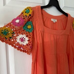 Umgee Vibrant Orange Women’s Dress with Crochet Sleeves Size Small